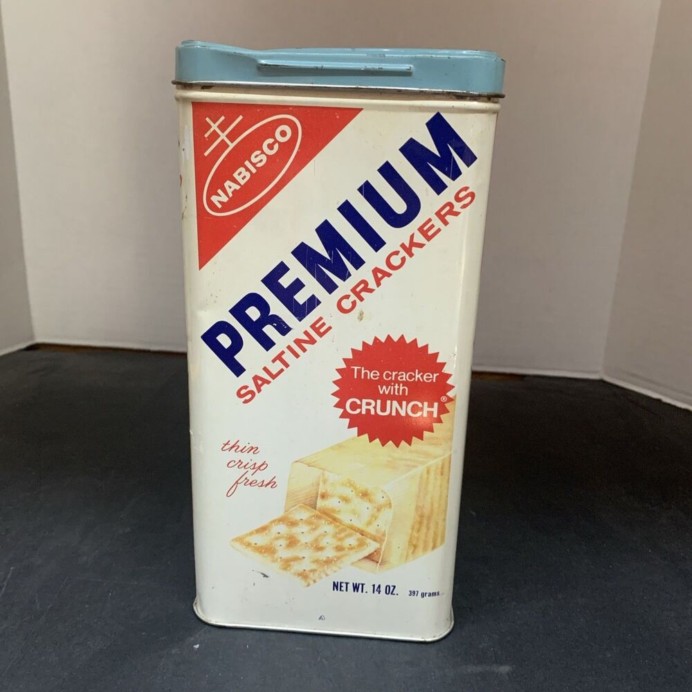 Nabisco Premium Saltine Crackers Tin 1969 Vintage 14 oz. 9.5" Tall Canister
